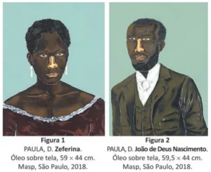 Reprodução de duas pinturas de Dalton Paula. Figura 1: Zeferina, retrato de uma mulher negra com vestido de ombros à mostra, óleo sobre tela, 59 × 44 cm, Masp, São Paulo, 2018. Figura 2: João de Deus Nascimento, retrato de um homem negro de terno escuro e gravata clara, óleo sobre tela, 59,5 × 44 cm, Masp, São Paulo, 2018