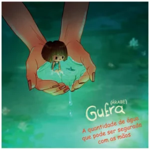 Ilustração de duas mãos em concha segurando água, dentro da qual há uma menina em miniatura e um barquinho de papel. Em destaque, a palavra 'Gufra (árabe)' e a legenda: 'A quantidade de água que pode ser segurada com as mãos'.