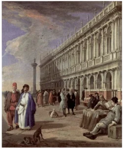Pintura La piazetta, de Luca Carlevaris: praça de Veneza com edifício de arcadas ao fundo, onde circulam e conversam figuras em trajes ocidentais europeus e orientais, como túnicas e turbantes, além de cães em primeiro plano.