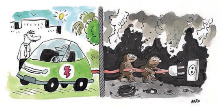 Charge: à esquerda, um carro elétrico verde com símbolo de raio é carregado em uma tomada; o fio da tomada atravessa a cena e se conecta, à direita, a uma mina escura onde trabalhadores escavam minério em condições precárias.