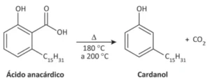 Esquema de reação química: o ácido anacárdico (anel benzênico com grupos OH, COOH e cadeia C15H31) é aquecido a 180–200 °C e convertido em cardanol (anel benzênico com grupos OH e cadeia C15H31), liberando CO2