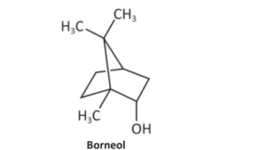 Representação tridimensional da molécula do borneol: estrutura bicíclica com dois grupos H3C (metila), uma metila no topo (CH3) e um grupo OH (hidroxila).