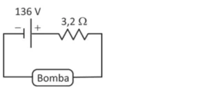 Diagrama de um circuito elétrico em série com uma fonte de 102 V, um resistor de 5,3 Ω e uma bomba conectados por fios condutores formando um circuito fechado.