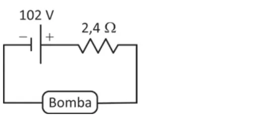 Diagrama de um circuito elétrico em série com uma fonte de 120 V, um resistor de 5,3 Ω e uma bomba conectados por fios condutores formando um circuito fechado.