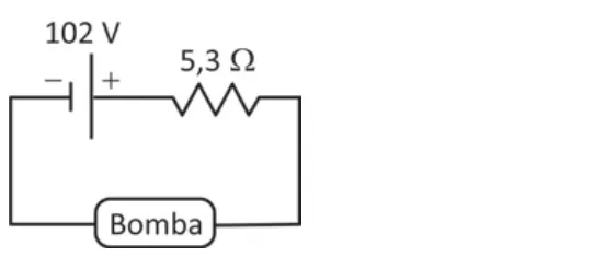 Diagrama de um circuito elétrico em série com uma fonte de 102 V, um resistor de 2,4 Ω e uma bomba conectados por fios condutores formando um circuito fechado.