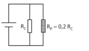 Diagrama de circuito elétrico em série composto por uma fonte, um resistor RC e um resistor RP. Ao lado do resistor RP está indicada a relação RP = 2,2 RC.