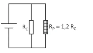 Diagrama de circuito elétrico em série composto por uma fonte, um resistor RC e um resistor RP. Ao lado do resistor RP está indicada a relação RP = 0,2 RC.