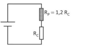 Diagrama de circuito elétrico em paralelo composto por uma fonte, um resistor RC em um ramo e um resistor RP em outro ramo. Ao lado do resistor RP está indicada a relação RP = 0,2 RC.