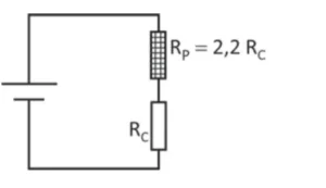 Diagrama de circuito elétrico em paralelo composto por uma fonte, um resistor RC em um ramo e um resistor RP em outro ramo. Ao lado do resistor RP está indicada a relação RP = 1,2 RC.