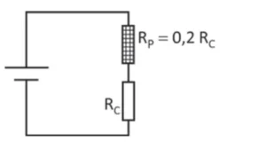 Diagrama de circuito elétrico em série composto por uma fonte, um resistor RC e um resistor RP. Ao lado do resistor RP está indicada a relação RP = 1,2 RC.