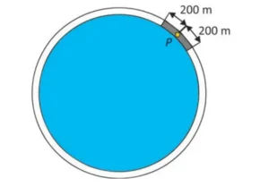 Figura de uma lagoa circular com a ciclovia em seu entorno. Um ponto P na ciclovia tem destacado, em cinza escuro, o trecho de 200 m para cada lado ao longo da ciclovia.