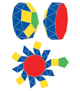 Figuras da cúpula pentagonal giralongada (poliedro de Johnson) em duas posições e sua planificação, composta por triângulos, quadrados, pentágonos e um decágono central.