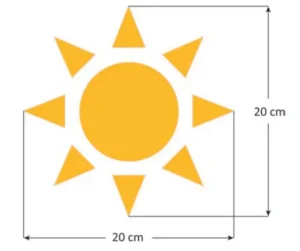Desenho de um sol estilizado, com um círculo central e raios triangulares ao redor, inscrito em um quadrado cujas medidas indicadas são 20 cm de lado.