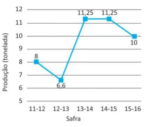 Gráfico de linhas da produção (toneladas) por safra. Os valores são: 400 toneladas na safra 11–12, 330 na 12–13, 562,5 na 13–14, 562,5 na 14–15 e 500 na 15–16.