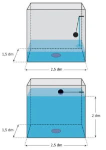 Duas figuras de uma caixa de descarga em forma de paralelepípedo, com dimensões internas da base 2,5 dm por 1,5 dm e uma boia que interrompe o abastecimento quando a coluna de água atinge 2 dm de altura.