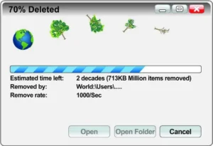 Captura de tela de uma janela de programa de computador intitulada '70% Deleted', com ícones de um planeta Terra e árvores progressivamente menores, barra de progresso e os campos: 'Estimated time left: 2 decades (713KB Million items removed)', 'Removed by: World:Users.....', 'Remove rate: 1000/Sec' e os botões Open, Open Folder e Cancel.