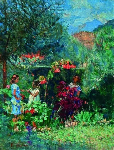 Reprodução da pintura 'Três meninas no jardim', de Eliseu Visconti. Óleo sobre tela com três meninas de vestidos claros em pé em meio a um jardim de vegetação densa em tons de verde, com flores vermelhas e cor-de-rosa e árvores ao fundo, com pinceladas soltas e vibrantes