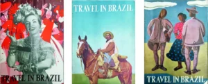 Três capas da revista Travel in Brazil. Na primeira, uma mulher sorridente em traje de baiana estilizado sobre fundo com máscaras e elementos de Carnaval em vermelho e branco. Na segunda, um vaqueiro de chapéu montado em um cavalo claro sobre fundo de céu azul. Na terceira, três figuras vistas de costas, um homem com chapéu e mulheres com trajes coloridos e trouxas às costas, sobre fundo azul-claro
