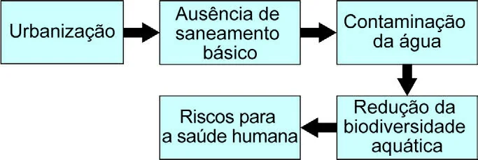 Fluxograma relacionando a urbanização à incidência de arboviroses: o crescimento urbano leva ao acúmulo de água parada e resíduos, favorecendo a proliferação de mosquitos vetores e a aproximação entre esses vetores e a população humana