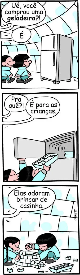 Tirinha em que esquimós estão dentro de um iglu de formato hemisférico feito de blocos de gelo e utilizam uma geladeira para fazer gelo, situação usada como piada sobre a temperatura no interior do iglu
