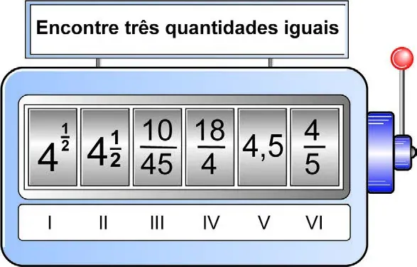 Visor da máquina caça-números dividido em seis compartimentos numerados de I a VI, cada um exibindo uma representação diferente de número racional (frações, números decimais e porcentagens), entre as quais algumas representam a mesma quantidade